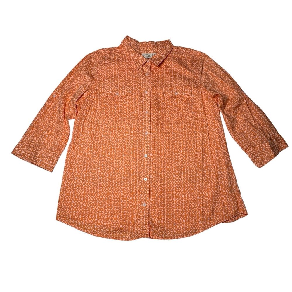 St. John's Bay Women's XL Orange White Print Button Up Shirt Roll Tab Cotton
